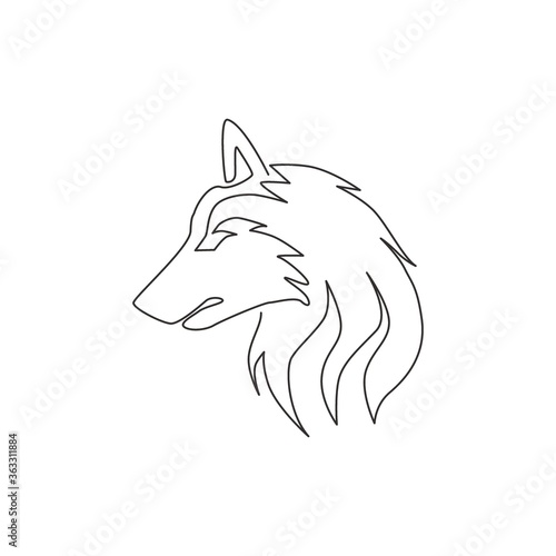 One single line drawing of dangerous wolf head for hunter club logo identity. Strong wolves mascot concept for national zoo icon. Modern continuous line draw design vector graphic illustration