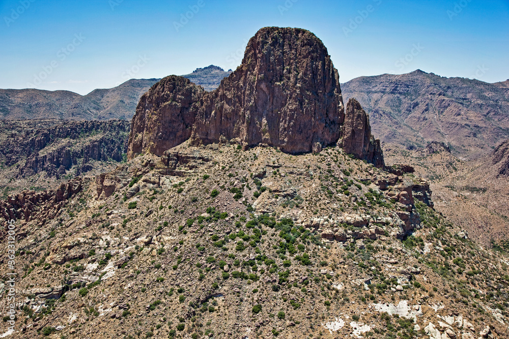 Weaver's Needle in the Superstition Mountains aerial view looking east to west