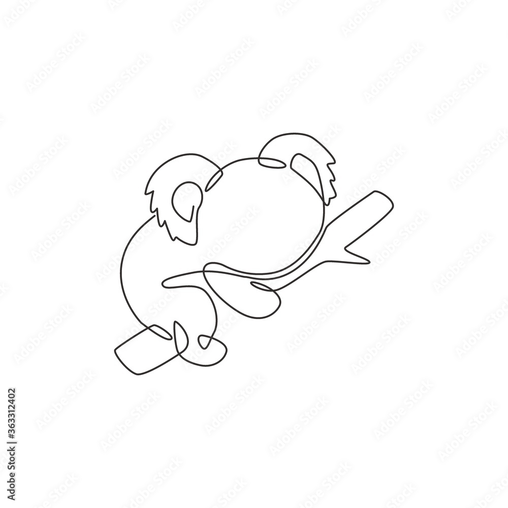 Single continuous line drawing of funny koala for kid toys shop logo identity. Little bear from Australia mascot concept for national park icon. Modern one line draw design vector graphic illustration Single continuous line drawing of funny koala for kid toys shop logo identity. Little bear from Australia mascot concept for national park icon. Modern one line draw design vector graphic illustration