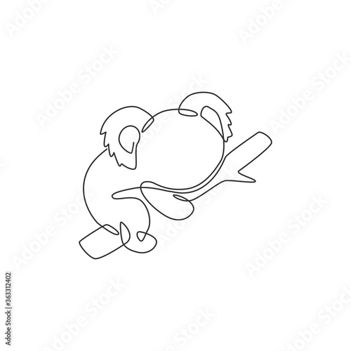 Single continuous line drawing of funny koala for kid toys shop logo identity. Little bear from Australia mascot concept for national park icon. Modern one line draw design vector graphic illustration