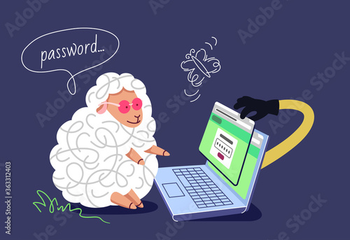 Pharming and phishing concept. The inattentive sheep with a laptop, typing a password in the fake finance account. The hacker hand grabbing a password.