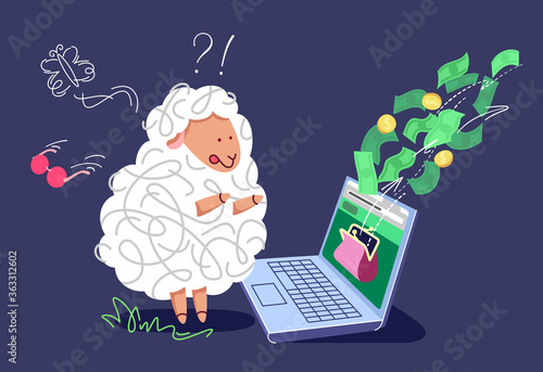 Pharming and phishing concept. The frightened sheep with a laptop, seeing hacked bank account. Money disappeared from online wallet.