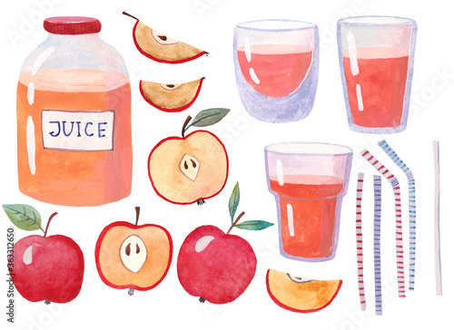 apple juice in a jar and glasses apples near a jar, watercolor still life on a white background