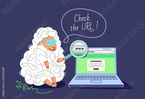 Pharming and phishing concept. The clever sheep with a laptop and magnifying glass, teaching to check the URL, not to be redirected to the fake web site. photo