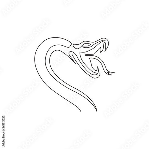 One continuous line drawing of venomous snake for reptile animal lover club logo. Deadly king cobra mascot concept for dangerous snake lover group icon. Single line draw design vector illustration