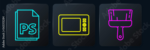 Set line PS File document, Paint brush and Graphic tablet. Black square button. Vector.