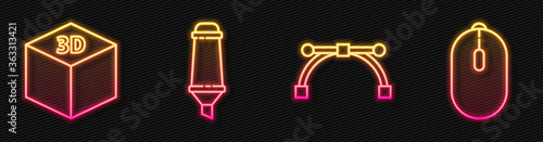 Set line Bezier curve, Isometric cube, Marker pen and Computer mouse. Glowing neon icon. Vector.
