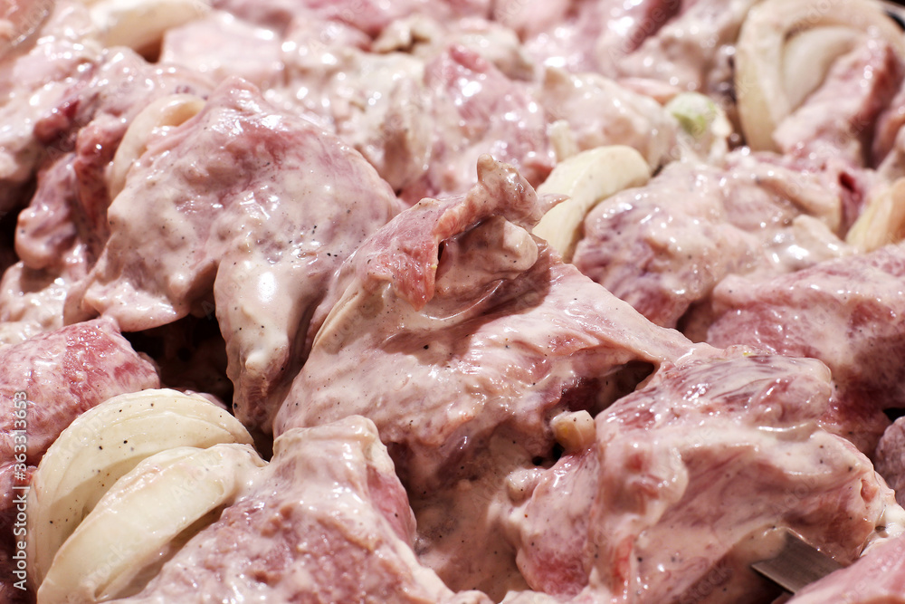 Pickled kebab. Fresh meat with onions. Food background Pickled kebab. Fresh meat with onions. Food background