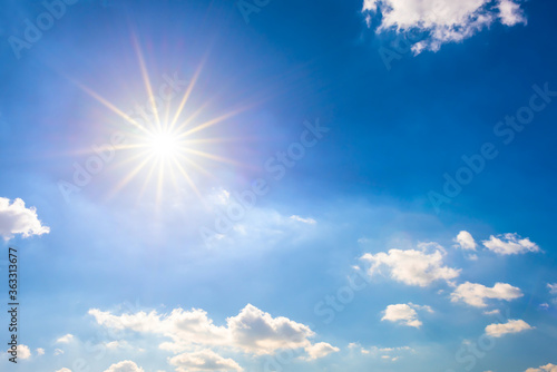 Summer background, wonderful blue sky with bright sun and clouds