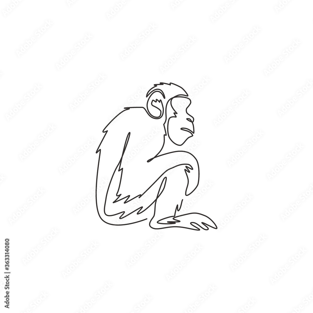 One single line drawing of cute sitting chimpanzee for company business logo identity. Adorable primate chimp animal mascot concept for corporate icon. Continuous line draw design vector illustration One single line drawing of cute sitting chimpanzee for company business logo identity. Adorable primate chimp animal mascot concept for corporate icon. Continuous line draw design vector illustration
