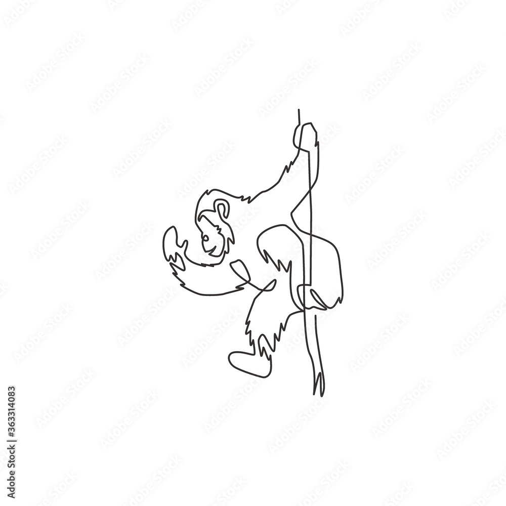 One continuous line drawing of cute chimpanzee hanging on tree branch for conservation jungle logo identity. Adorable mascot concept for national park icon. Single line draw design vector illustration