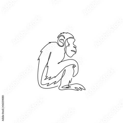 Fototapeta Naklejka Na Ścianę i Meble -  One single line drawing of cute sitting chimpanzee for company business logo identity. Adorable primate chimp animal mascot concept for corporate icon. Continuous line draw design vector illustration