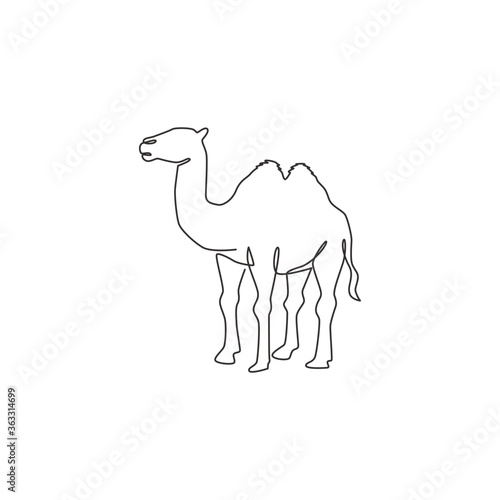 One single line drawing of desert Arabian camel for logo identity. Cute mammal animal concept for livestock husbandry icon. Trendy continuous line draw design graphic vector illustration photo