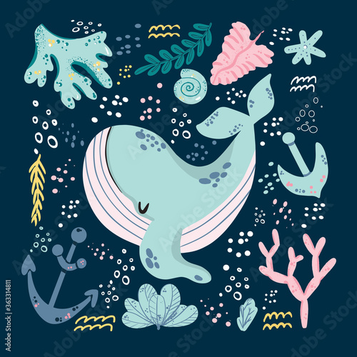 Childish print with cute lovely baby whale vector illustration. Under water sea or ocean animal. Creative kids animal character for print, poster, textile, fabric,room decor, cards, nursery clothing.