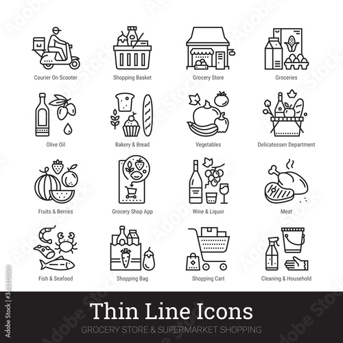 Grocery store, supermarket departments, online shopping, delivery thin line icons for web, mobile app. Editable stroke. Shop vector set include icons: groceries, shop basket, courier, meat, deli, vegs