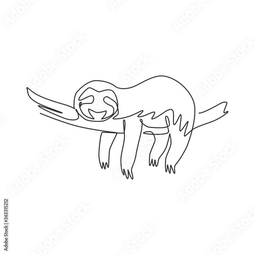 One single line drawing of lovely adorable sloth sleeping at branch tree for logo identity. Cute mammal mascot concept for zoo icon. Trendy continuous line draw design vector graphic illustration