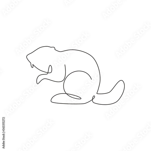 One single line drawing of funny standing beaver for logo identity. Cute adorable rodent animal mascot concept for pet lover club icon. Modern continuous line draw graphic design vector illustration