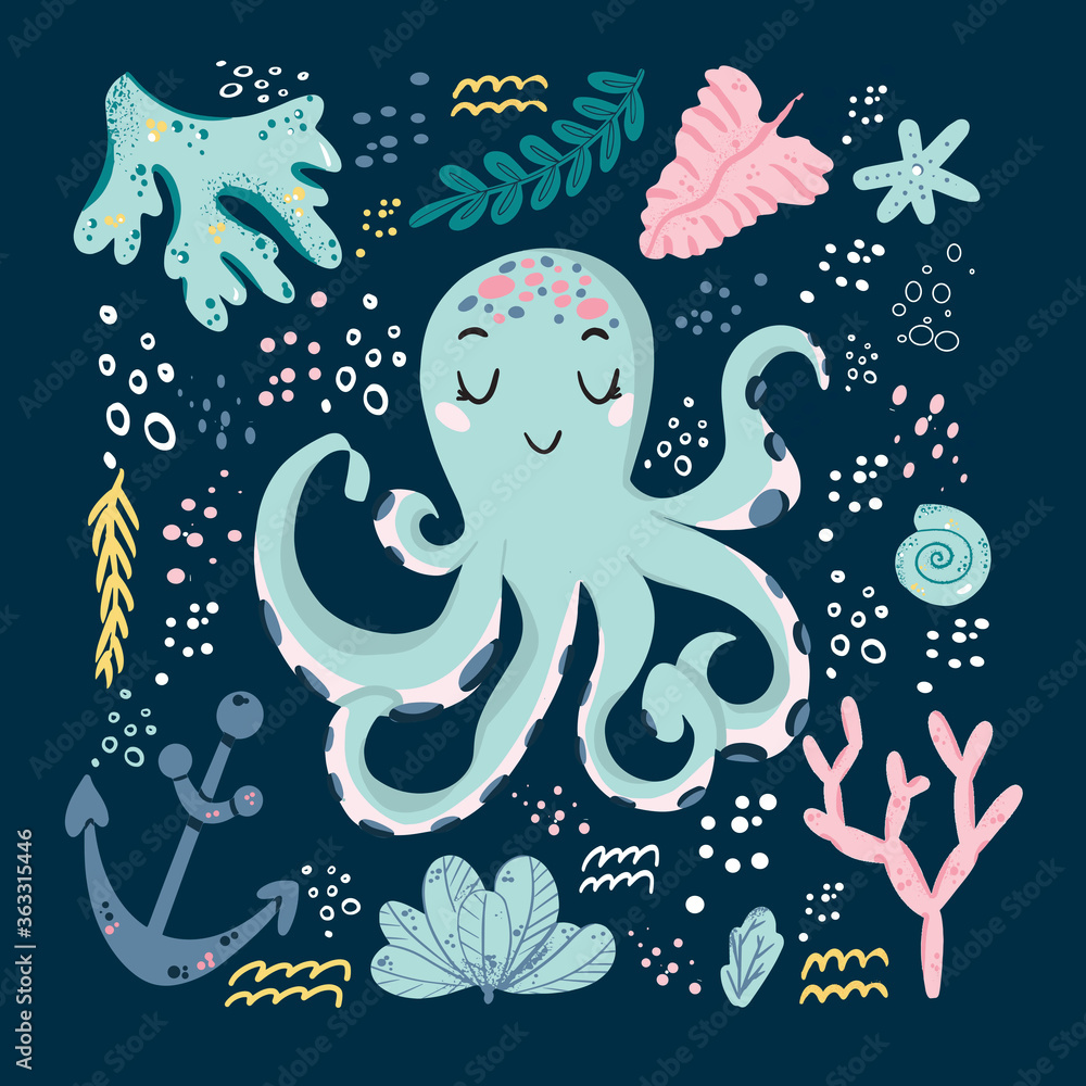 Vector hand drawn octopus. Ocean marine world. For children fashion and stationery, nursery, scrapbooking, home decor and textile, surface design. Part of a sea creatures collection Vector hand drawn octopus. Ocean marine world. For children fashion and stationery, nursery, scrapbooking, home decor and textile, surface design. Part of a sea creatures collection
