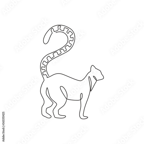 Single continuous line drawing of lovely adorable lemur for logo identity. Cute funny mammal animal mascot concept for pet lover club icon. Trendy one line graphic draw design vector illustration