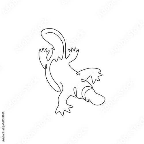 One continuous line drawing of cute platypus for logo identity. Australian mammal animal mascot concept for national conservation park icon. Trendy single line draw design vector graphic illustration