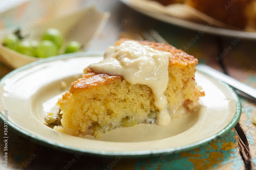 Sticky gooseberry saffron cake with vanilla custard
Sticky gooseberry saffron cake with vanilla custard