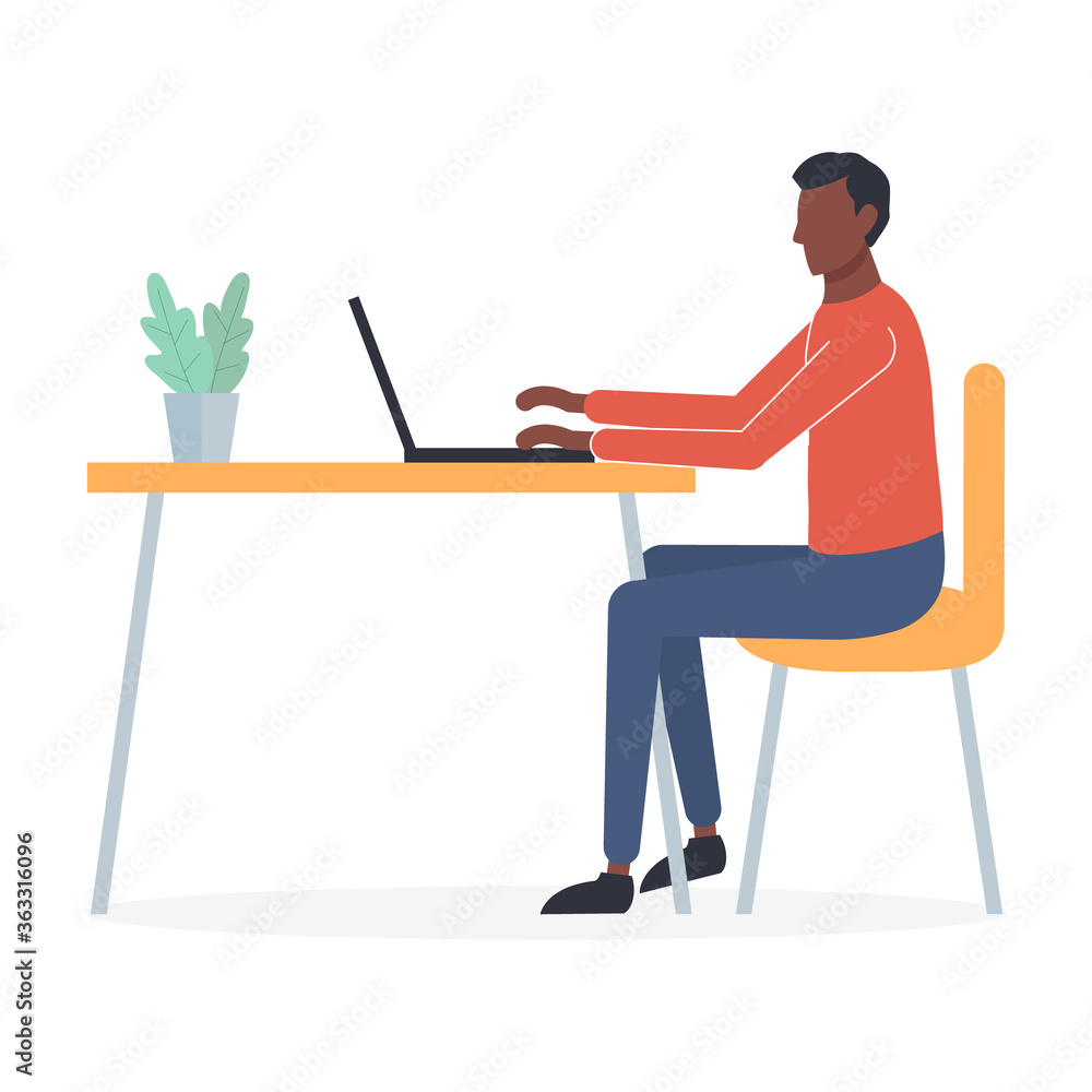 Young african man freelancer working on laptop at home in quarantine. Work at home, coworking space. Boy sitting at the table on chair and earning money online. Vector flat illustration isolated.