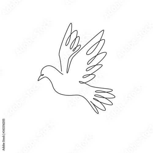 Single continuous line drawing of adorable flying dove bird for logo identity. Cute pigeon mascot concept for freedom and peace movement icon. Modern one line draw design vector graphic illustration
