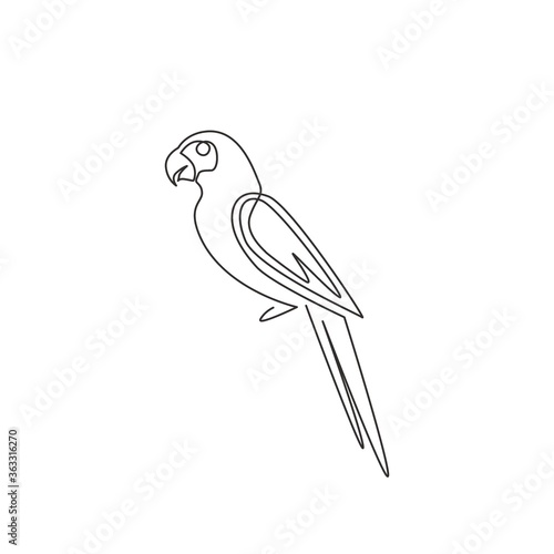 One continuous line drawing of cute parrot bird with long tail for logo identity. Aves animal mascot concept for national conservation park icon. Single line draw design vector graphic illustration