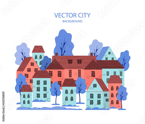 Vector illustration of a cityscape with buildings and trees - abstract horizontal background. Cartoon style city. Abstract background for header images for websites, banners, covers.