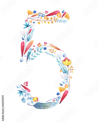 number 5 laid out with leaves of flowers sprigs of blue red yellow on a white background