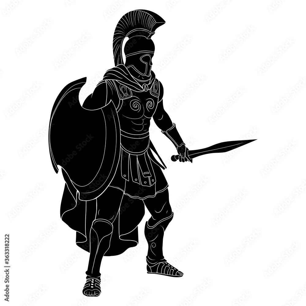 Roman Empire warrior in armor and a helmet with a weapon in hand stands ready for attack and defense isolated on white background. Roman Empire warrior in armor and a helmet with a weapon in hand stands ready for attack and defense isolated on white background.
