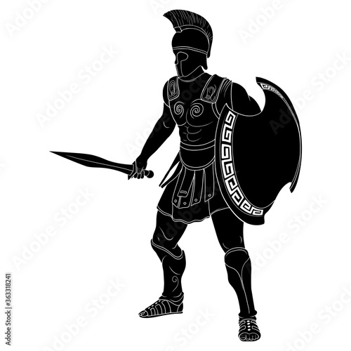 Ancient greek warrior in armor and a helmet with a weapon in hand stands ready for attack and defense isolated on white background.