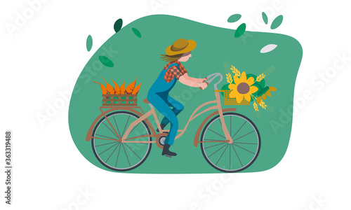 Girl in gardener uniform hat rides a bicycle with vegetables