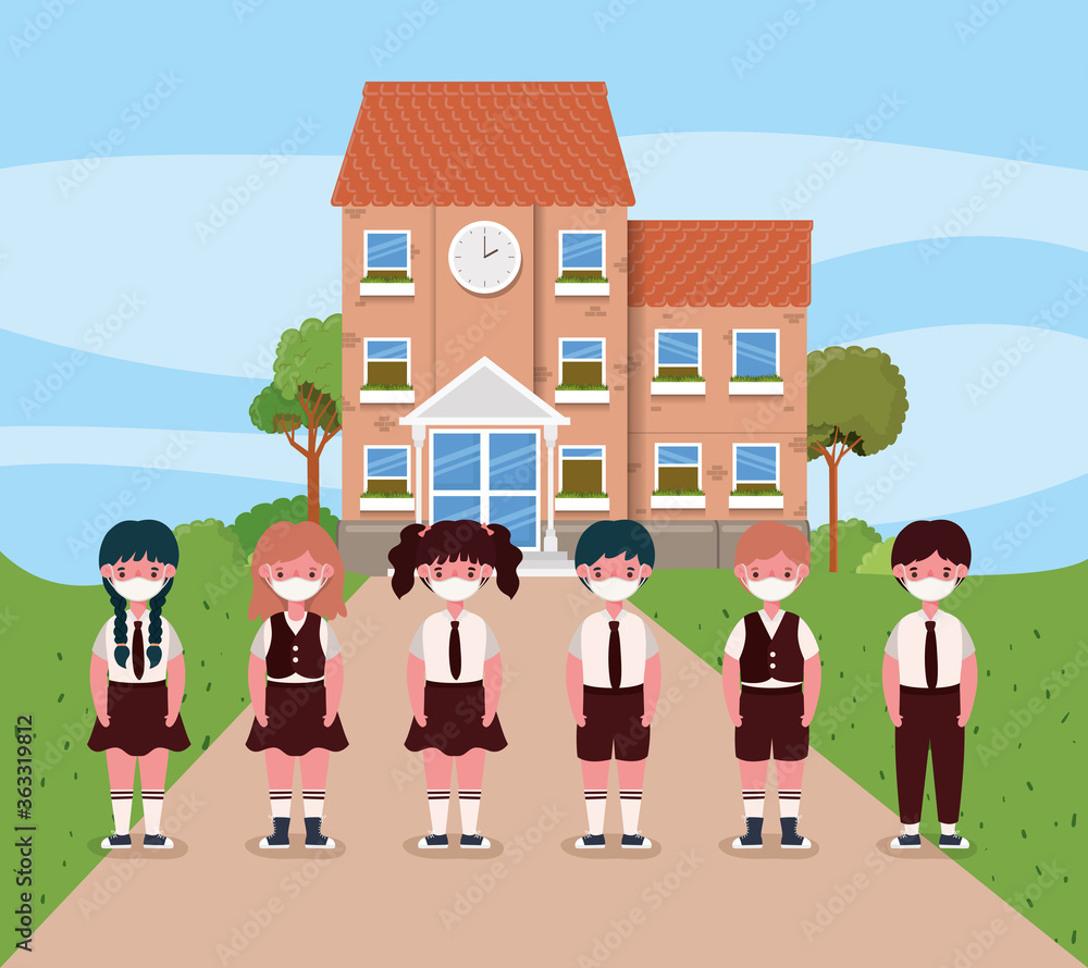 Girls and boys kids with uniforms and medical masks in front of school design, Back to school and social distancing theme Vector illustration