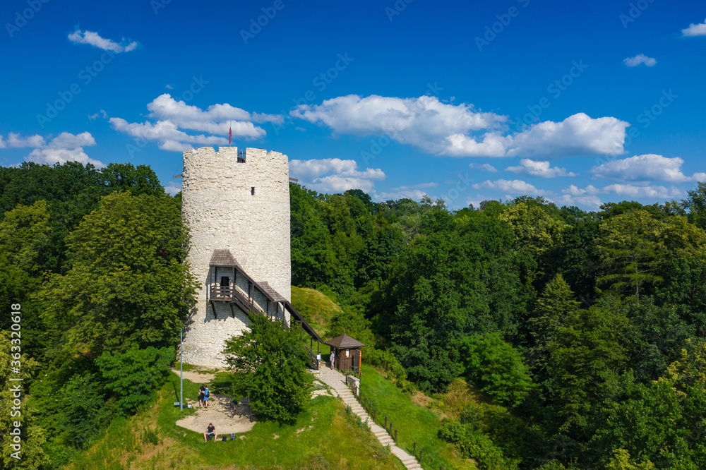 Kazimierz Dolny, Poland. Aerial view of Tower of the castle in Kazimierz Dolny at Vistula river, popular tourist destination in Poland. Bird's-eye view. Kazimierz Dolny, Poland. Aerial view of Tower of the castle in Kazimierz Dolny at Vistula river, popular tourist destination in Poland. Bird's-eye view.
