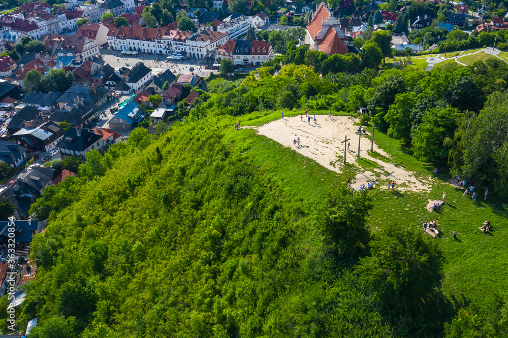 Kazimierz Dolny, Poland. Aerial view of Three Crosses' Hill in Kazimierz Dolny, a popular tourist destination in Poland. Bird's-eye view.