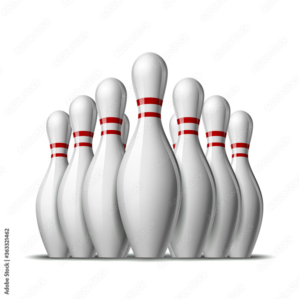 Group of ten bowling pins. Skittles with red stripes for Sport competition or Activity and fun game. Group of ten bowling pins. Skittles with red stripes for Sport competition or Activity and fun game.