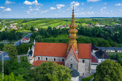 Aerial view of church in small village Cegielnia  Poland.