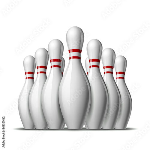 Group of ten bowling pins. Skittles with red stripes for Sport competition or Activity and fun game.