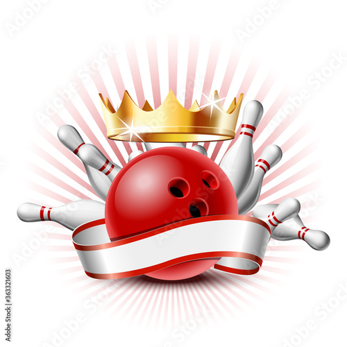 Bowling sport emblem with red glossy ball, bowling pins and white ribbon for lettering.