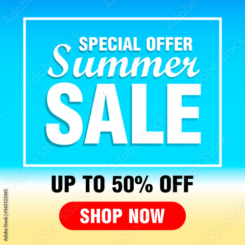 Special offer summer sale. Summer sale design with 50% discount. Summer Sale Banner. Poster, Flyer. Vector illustration