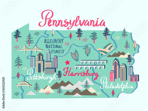Illustrated map of  Pennsylvania, USA. Travel and attractions. Souvenir print