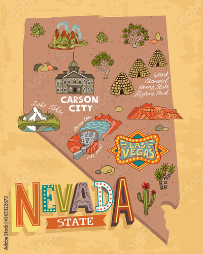 Illustrated map of Nevada, USA. Travel and attractions. Souvenir print