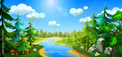 Forest with a river, spruces, mushrooms and stones. Summer landscape of nature. Cartoon illustration.