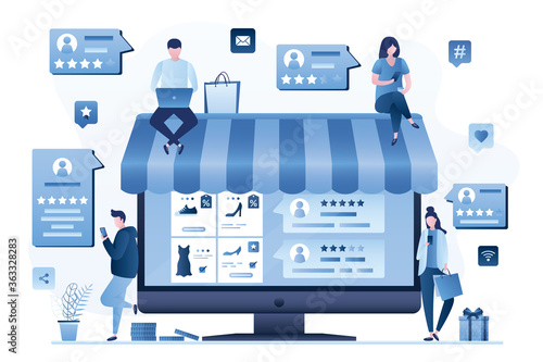 Internet shop. Group of people send reviews. Social media communication and messaging. Testimonials, customer feedback