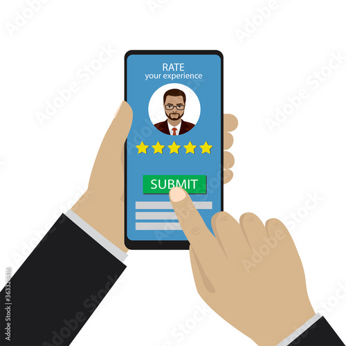 Hands holding and touch modern smartphone. Customer positive review, testimonials about app or internet marketplace.