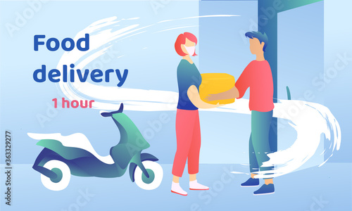 A young guy gives a parcel to a girl. Home delivery food. The concept of fast delivery. The courier gives the woman a box on the background of movement.
