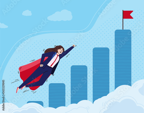 Super business woman cartoon character flying to approach her goal, flat vector illustration. Business success and womens career development concept banner.