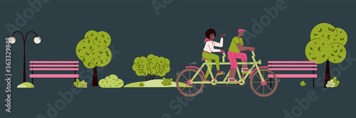 A couple rides a tandem bike through an evening or night park. Happy man and woman are cycling on two-wheeled bicycle. Vector horizontal banner.