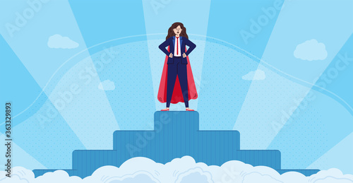 Super business woman character standing on pedestal at background with glory rays, flat vector illustration. Success in career and progress in personal growth image.